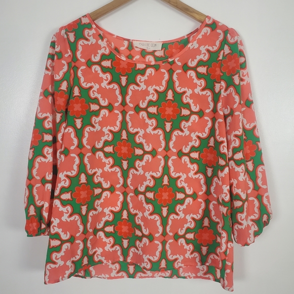 Peach Love California Tops - Peach Love Cream blouse pink and green small